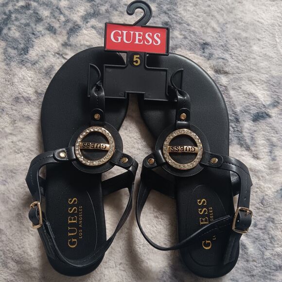Guess Katy Rhinestone T-Strap Sandal Black Size 5 - Picture 1 of 5